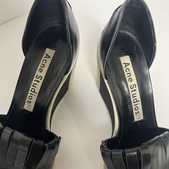 Acne Studios Black Patent D’Orsay Wedge Heels 39 US 8.5 Fringe Vamp Sculptural - Picture 2 of 10